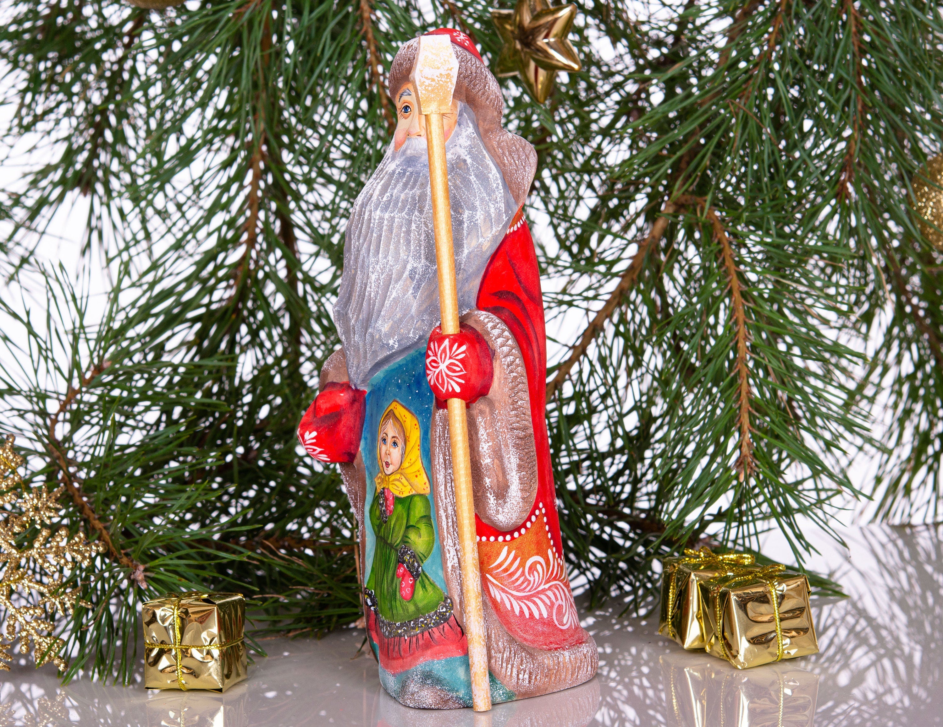 Santa figurine with staff, folk art hand painted girl scene, 8.3 inch