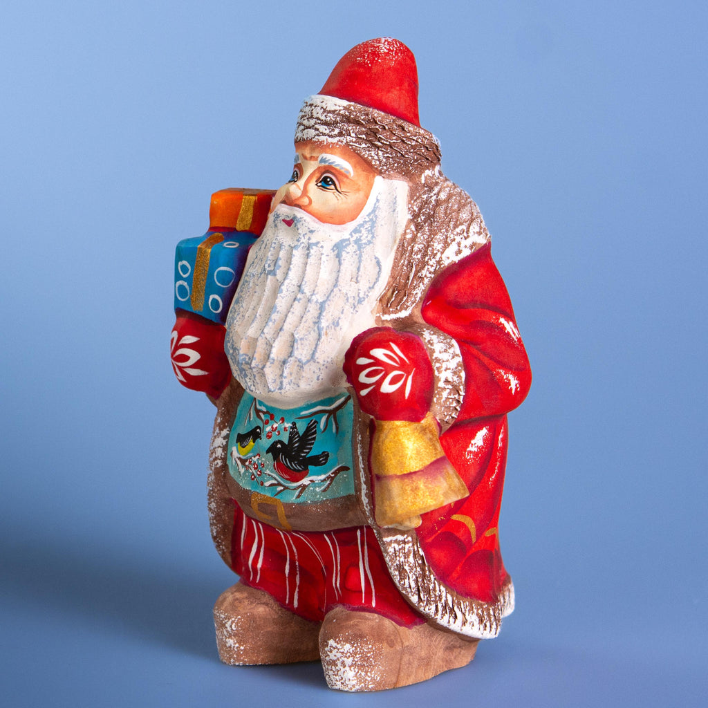 Carved wood Santa figurine with songbirds collector gift 5.5 inch