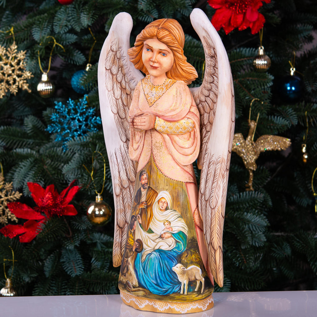 Hand Carved Wood Angel Statue: Nativity Art, Christian Decor