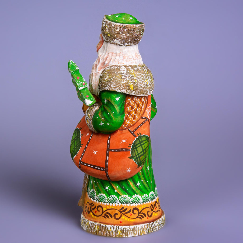 Hand carved wooden Saint Nicholas figurine 9 inch, green coat, holiday shelf decor
