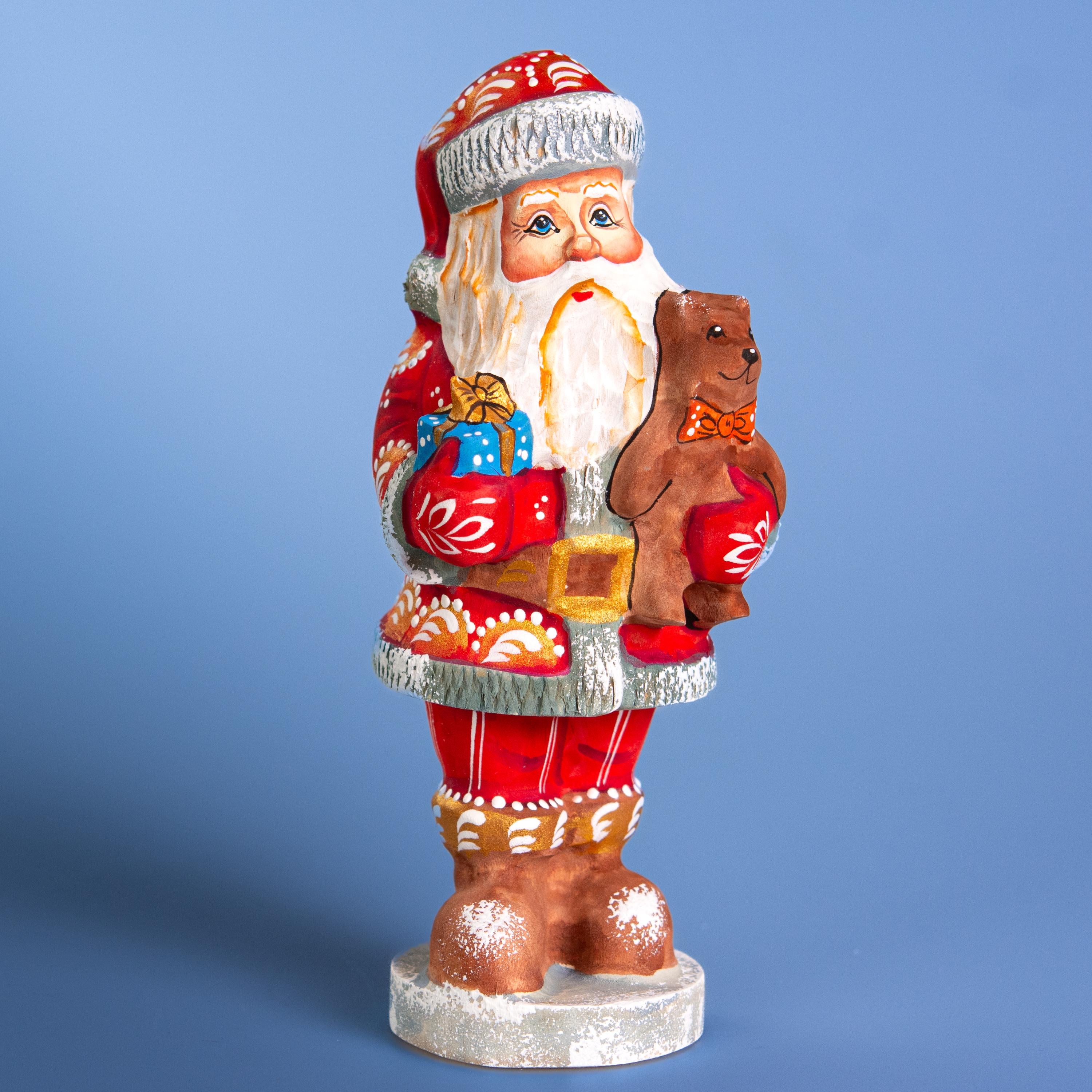Hand carved wooden Santa figurine 7 inch, teddy bear toy, Christmas mantel decor