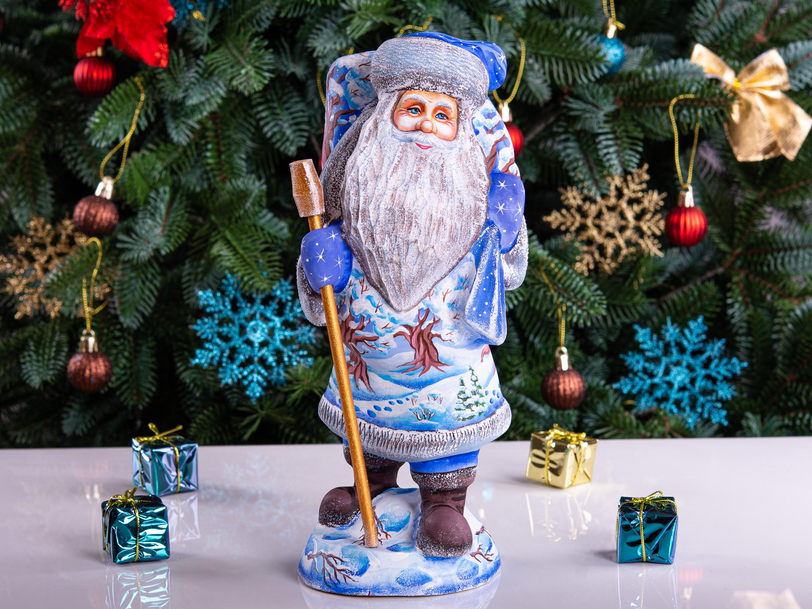 Hand carved Old-World Santa wooden figurine 11 inch, Winnie-the-Pooh scene, mantel decor