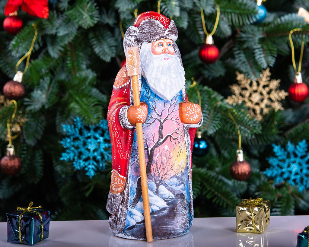 Hand carved wooden Santa figurine 9 inch, sunset winter landscape, mantel display