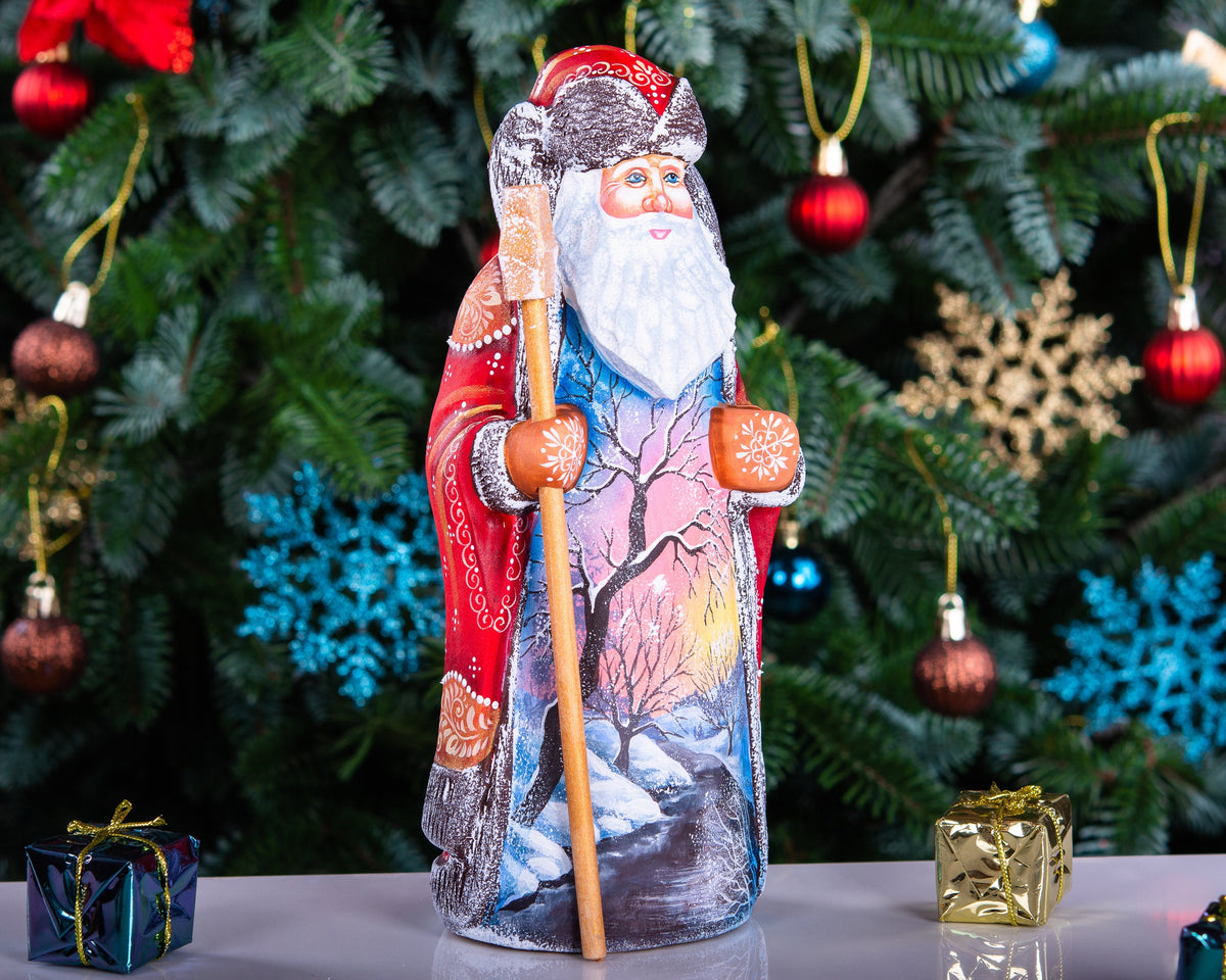 Hand carved wooden Santa figurine 9 inch, sunset winter landscape, mantel display