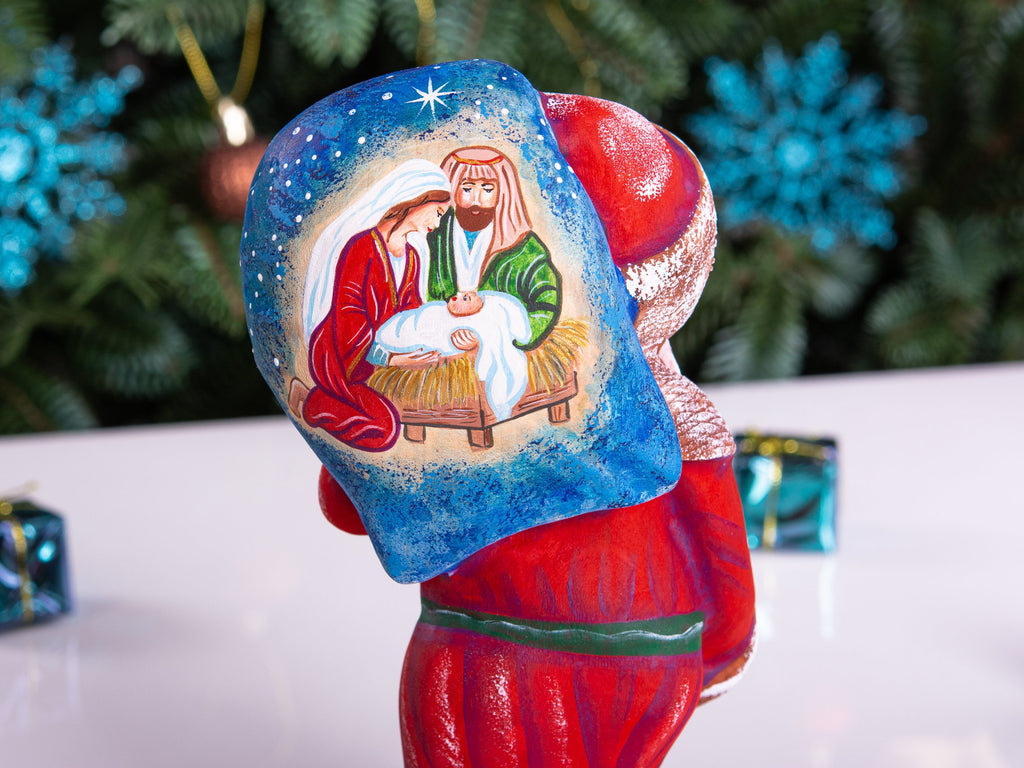 Hand carved Santa wood figurine 8 inch, Holy Family painting, tabletop Christmas decor