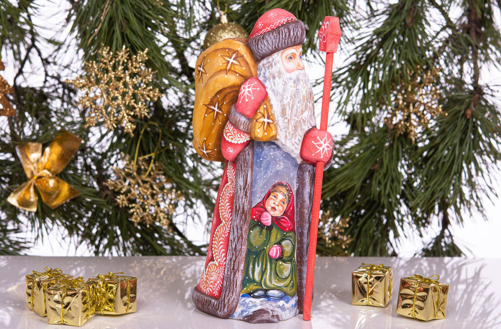 Hand carved Santa Claus wood figure 10 inch, gift sack, rustic holiday shelf display