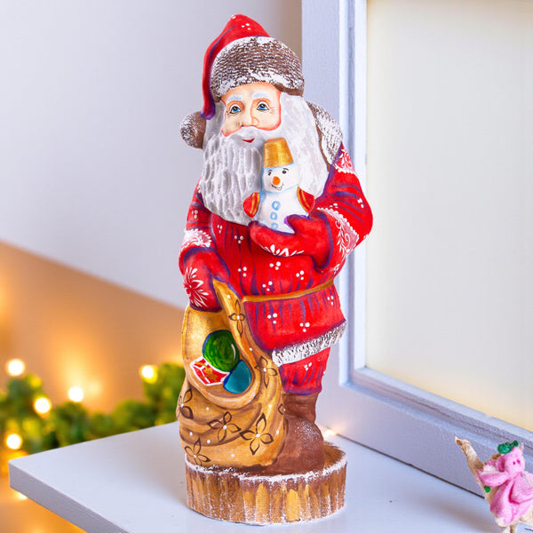Old World Santa figurine 9.5 inch, carved wood, snowman figure, tabletop centerpiece decor