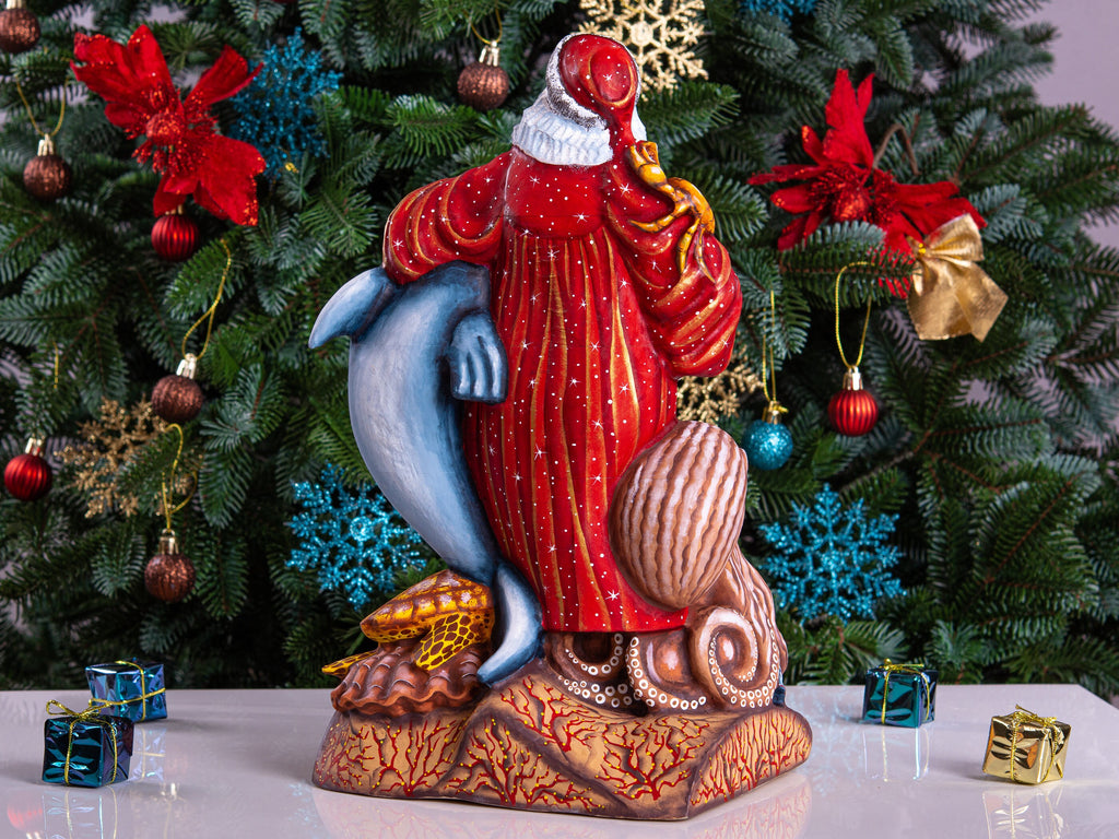 Hand-Carved Wooden Santa Claus Figurine: Ocean Theme Christmas Decor