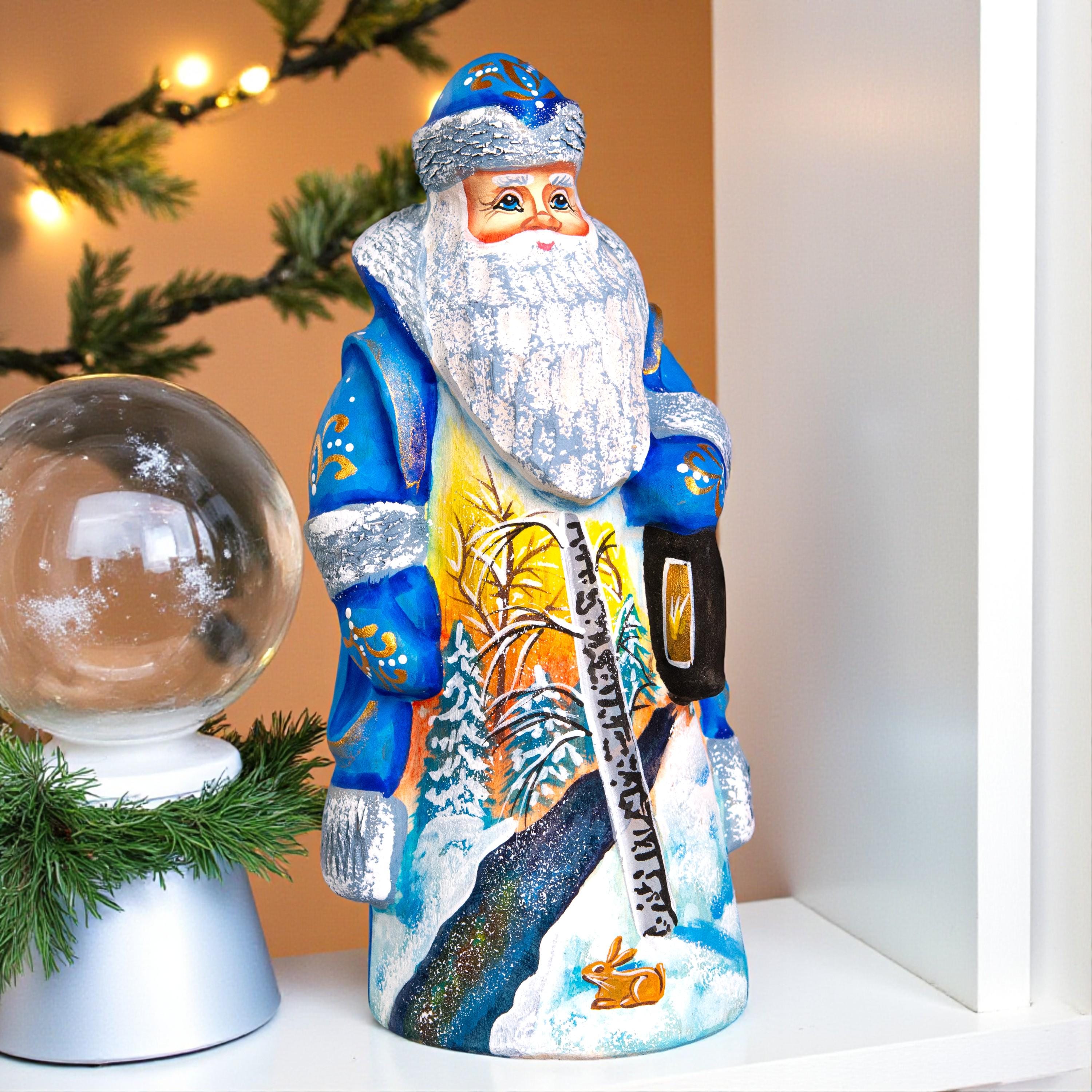 Blue Santa Figurine 7", Hand Painted Wood, Winter Landscape