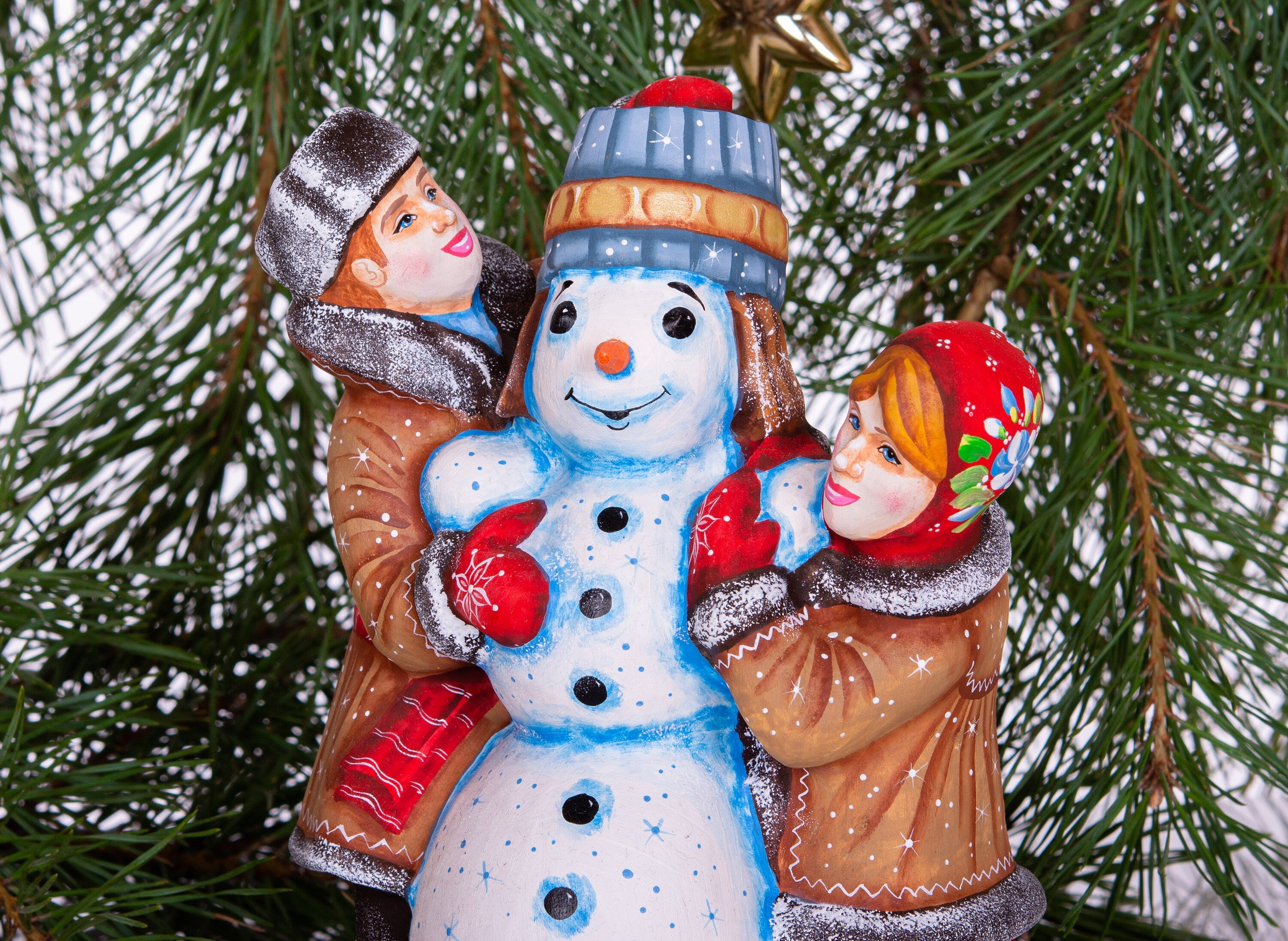 Wooden Hand Carved Snowman Figurine 8", Handmade Christmas Home Decoration Indoor