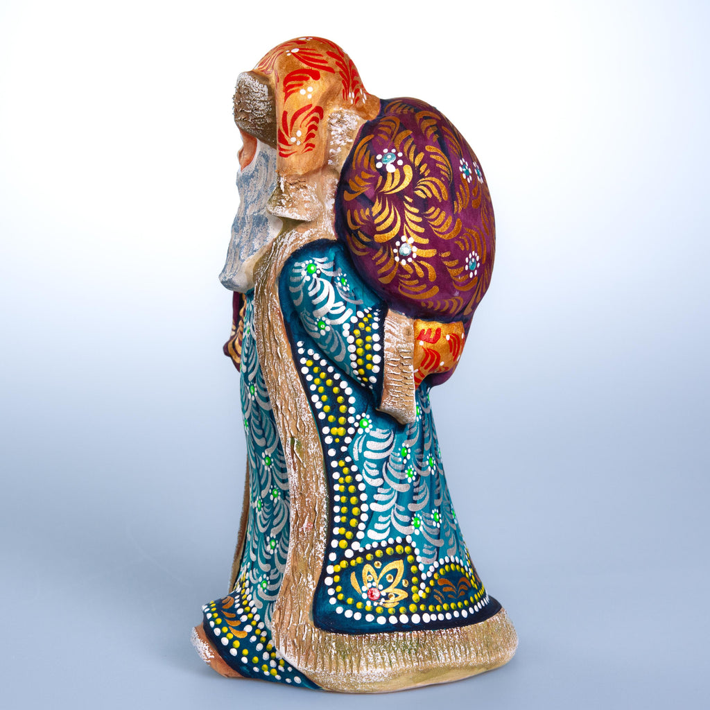 Old World Santa wooden figurine 9 inch, teal coat, shelf decor