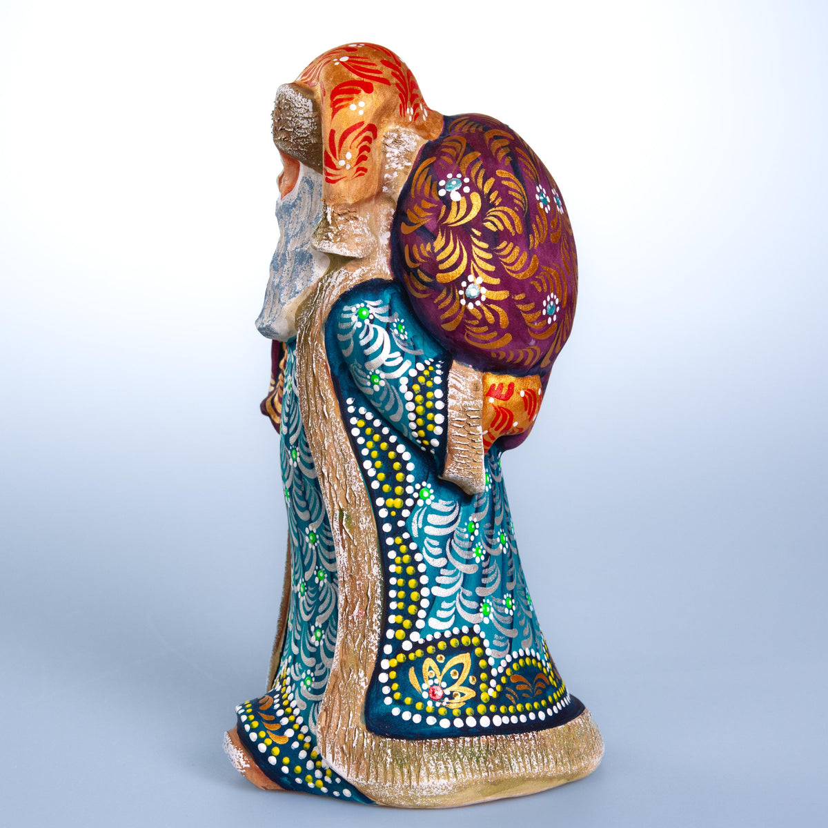Old World Santa wooden figurine 9 inch, teal coat, shelf decor