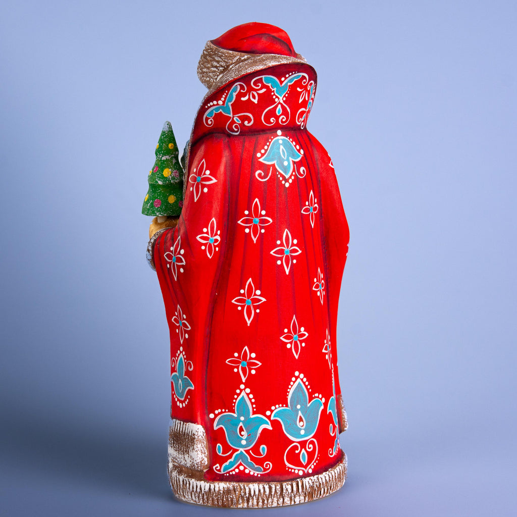Hand Carved Wooden Santa Figurine 9 inch, Red Coat, Reindeer Scene