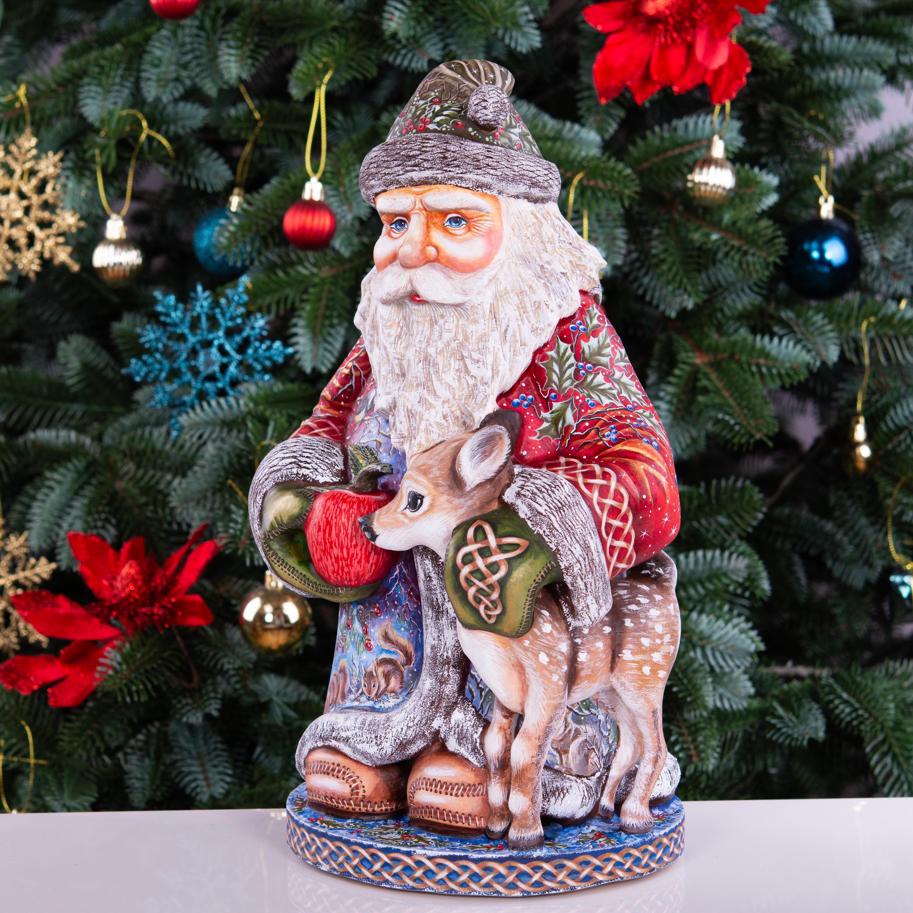 Hand carved Santa 14 inch solid wood statue, woodland animal scene