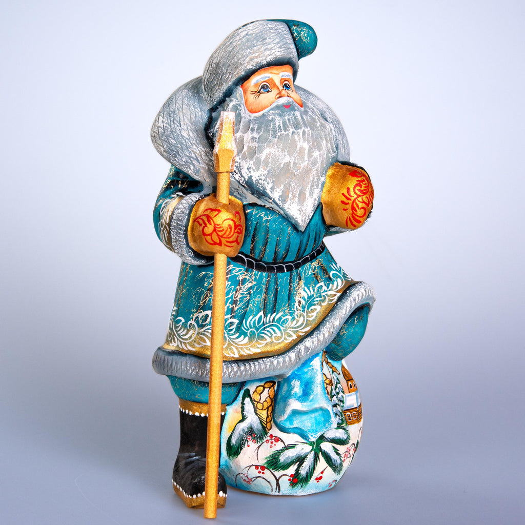 Father Christmas wooden figurine 9.7 inch, winter village scene, bird lovers decor