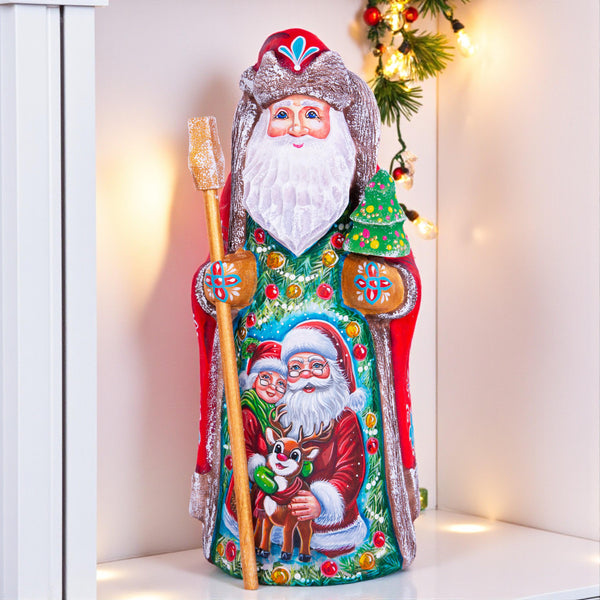 Hand carved Santa and Mrs Claus statue 9 inch, Rudolph fawn