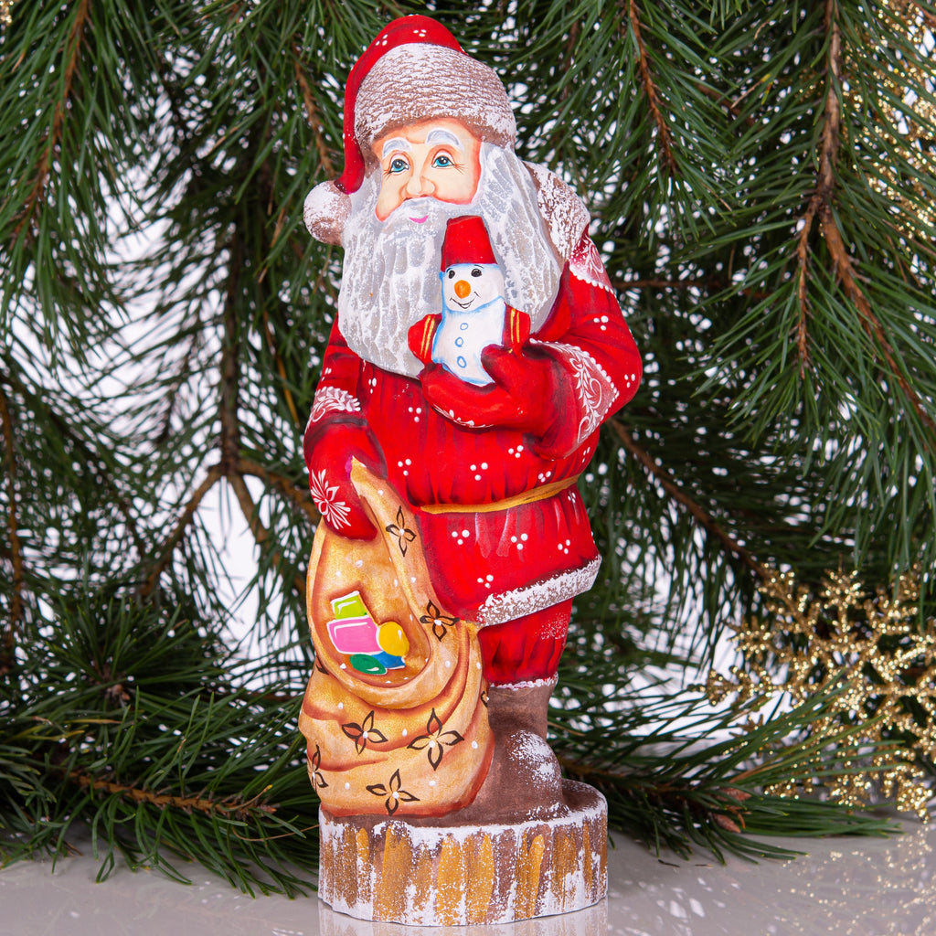 Hand carved Santa wood figurine 10 inch, snowman toy, gift sack, Christmas mantel decor