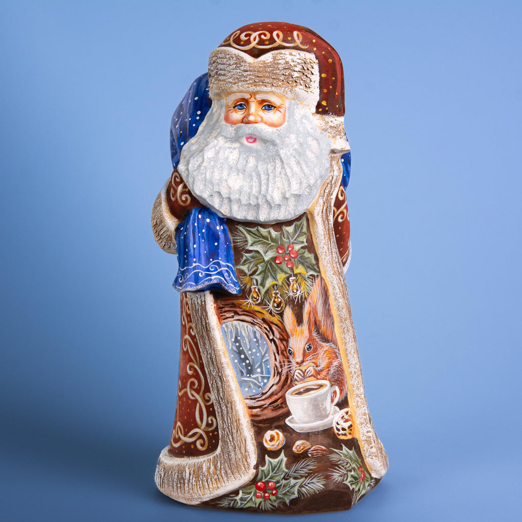 Hand Carved Santa Figure 9 inch: Snowy Cottage Scene, Signed Art