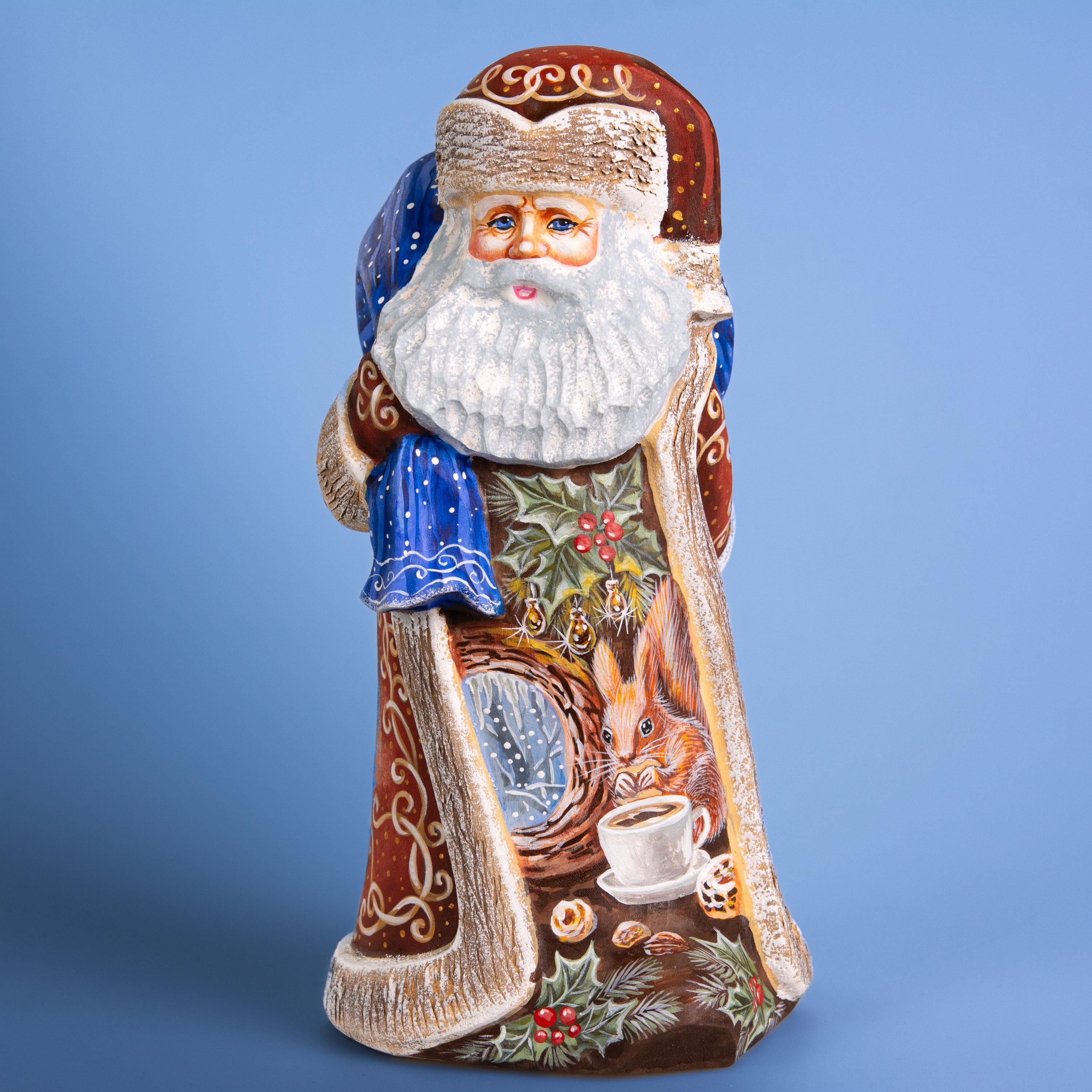 Hand Carved Santa Figure 9 inch: Snowy Cottage Scene, Signed Art