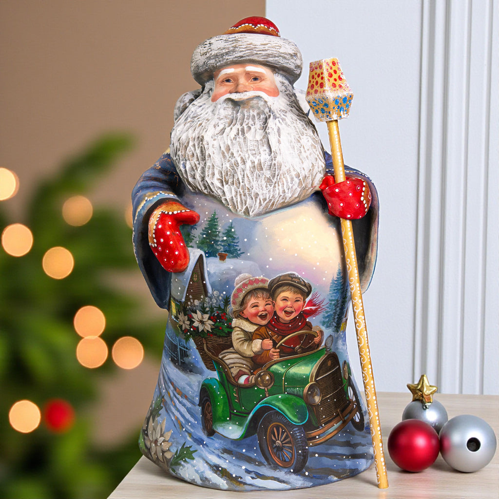 Hand Carved Wooden Santa Statue 14", Children in Green Car, Old World