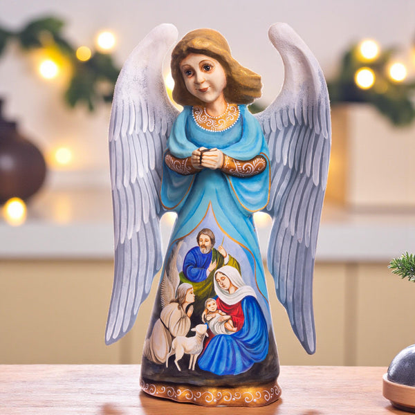 Hand carved angel figurine 9 inch, Holy Family Nativity Scene Mantel display