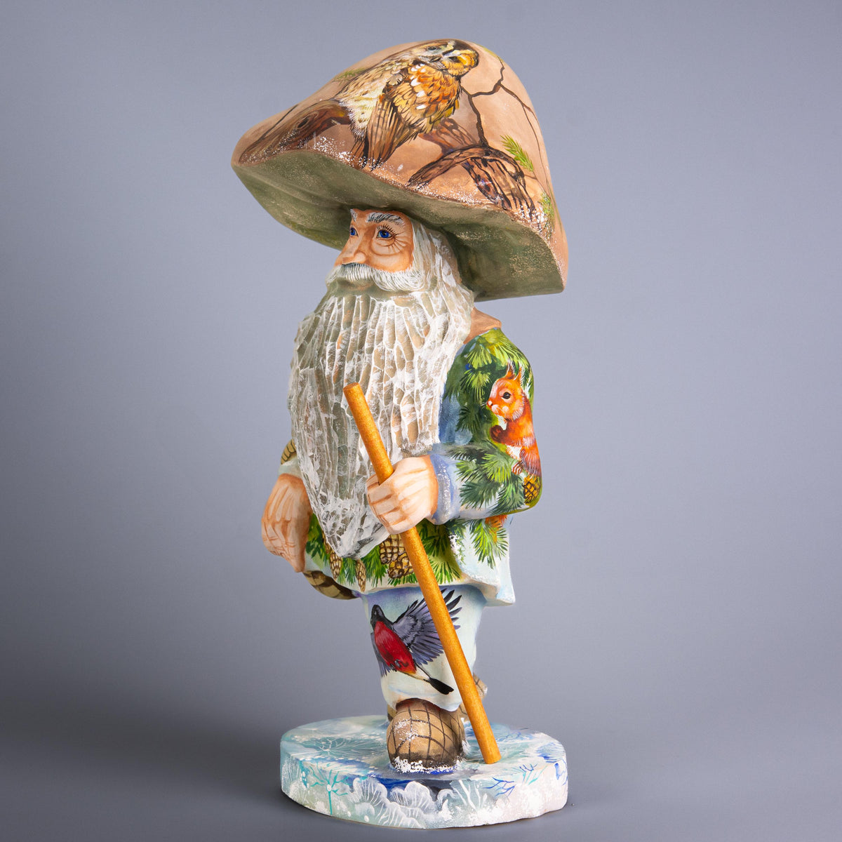 Hand Carved Wooden Mushroom Man Figurine 11 inch: Owl, Squirrel & Bullfinch