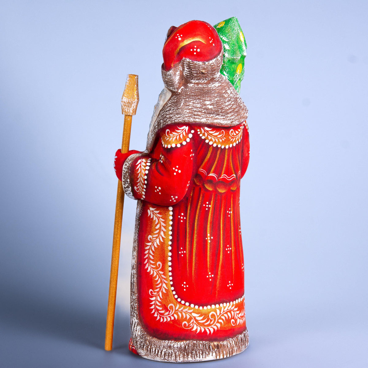 Hand Carved Santa Figurine: Red & Gold Robe, Wooden Christmas Mantel Decor