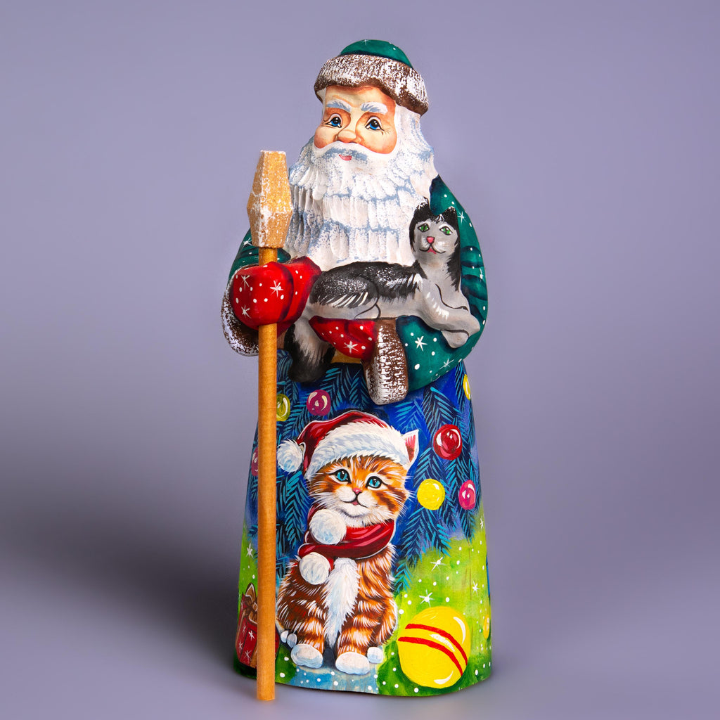 Hand carved Santa with kitten wood figurine 9 inch, cat lover mantel decor