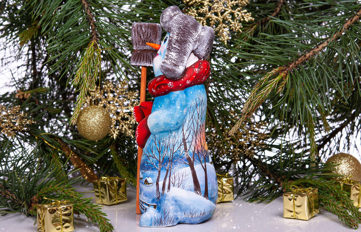 Old World snowman wood carving 9.1 inch, broom, mantel display