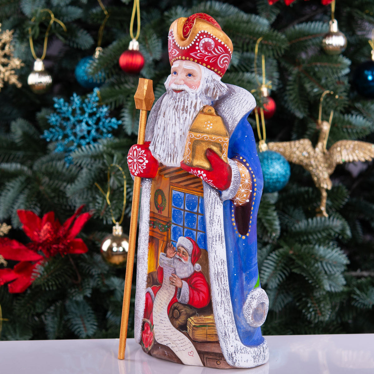 Large Santa Claus figurine, artisan hand painted carved wood, 11.8 inch