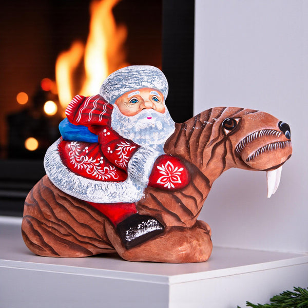Hand Carved Wooden Santa Claus Figurine: Funny Walrus Christmas Decor