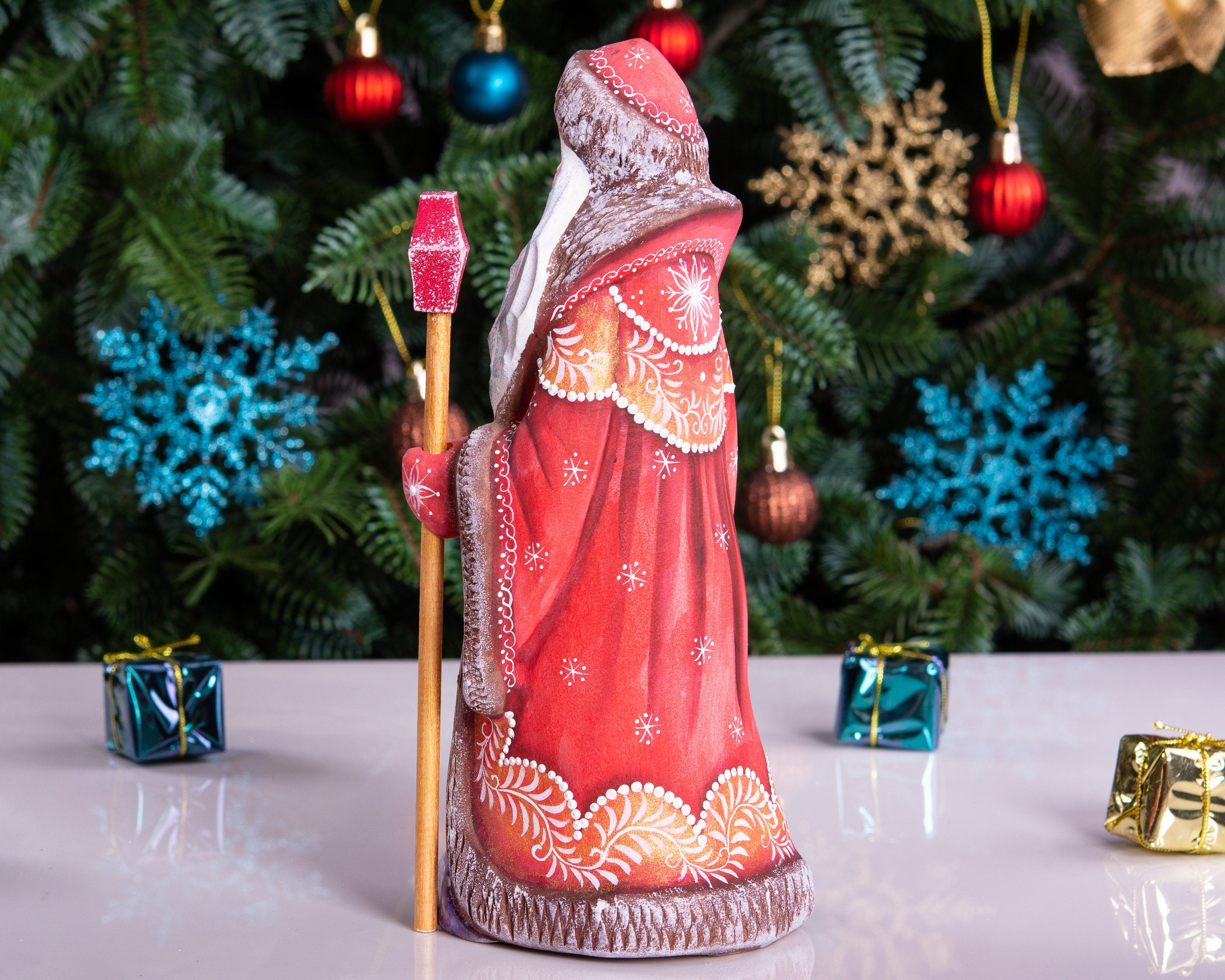 Hand carved Russian Santa figurine 8.7 inch, winter girl scene, Christmas mantel decor