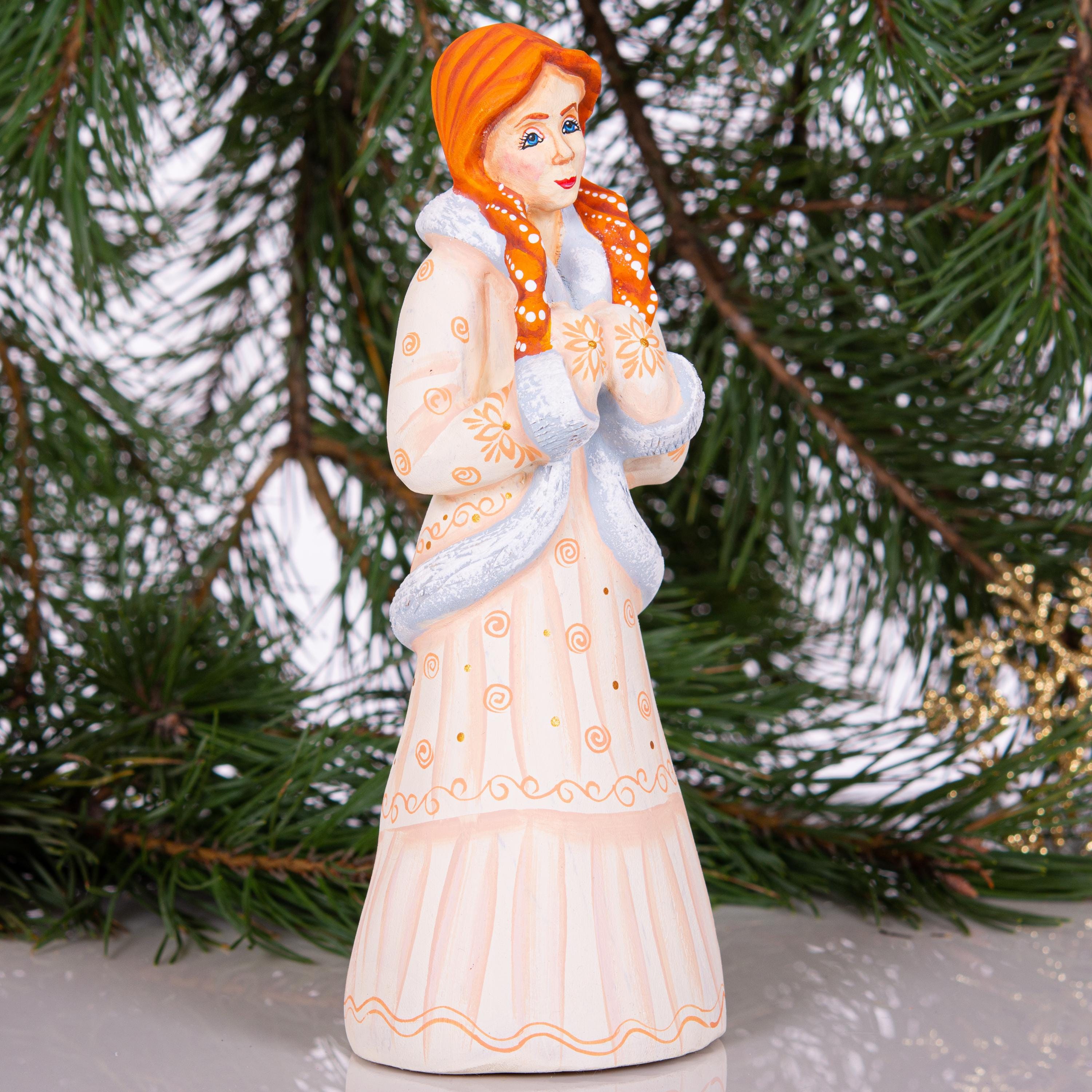 Hand carved Snow Maiden wooden figurine 8.2 inch, winter mantel decor