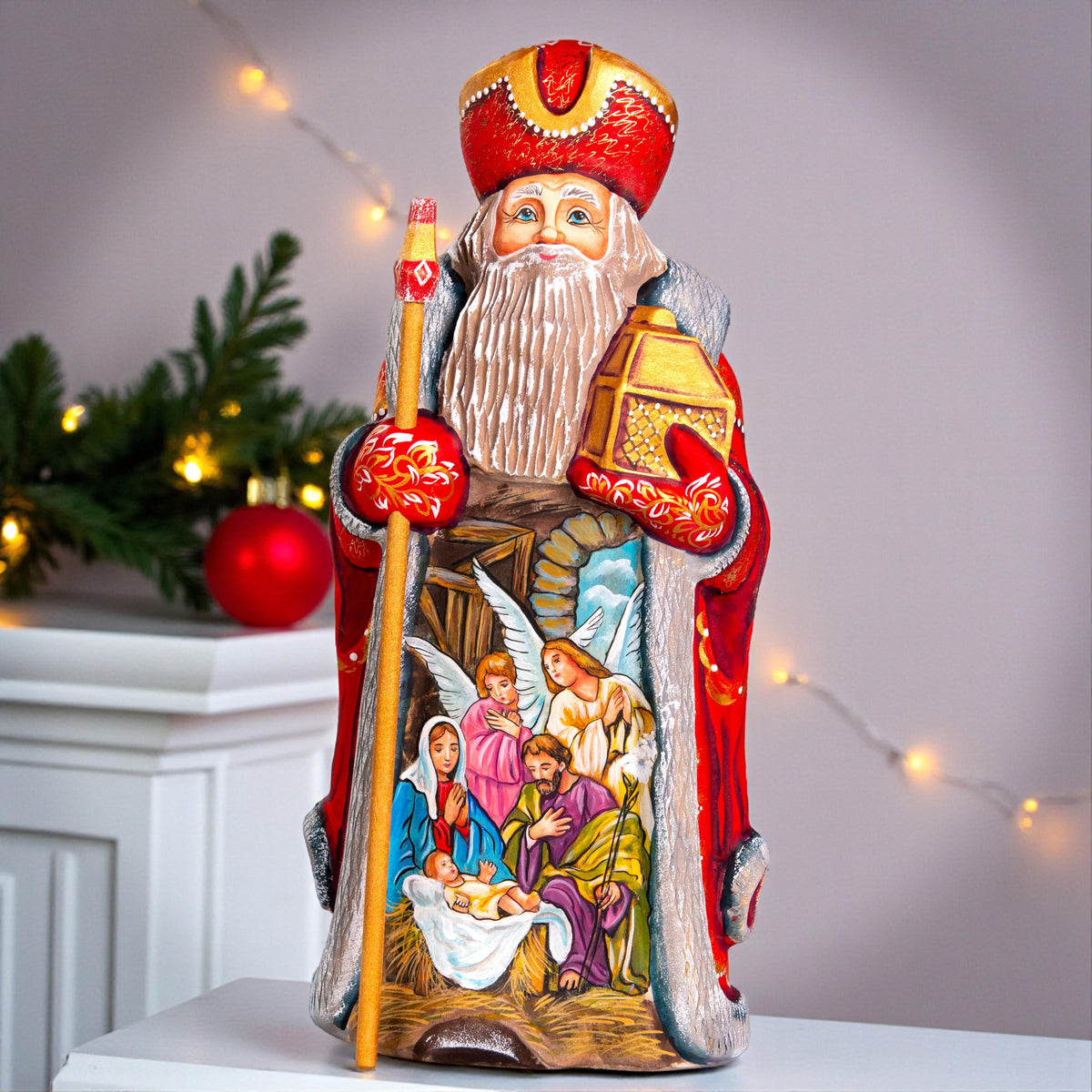 Hand carved Santa figurine 12 inch, Holy Family Nativity display