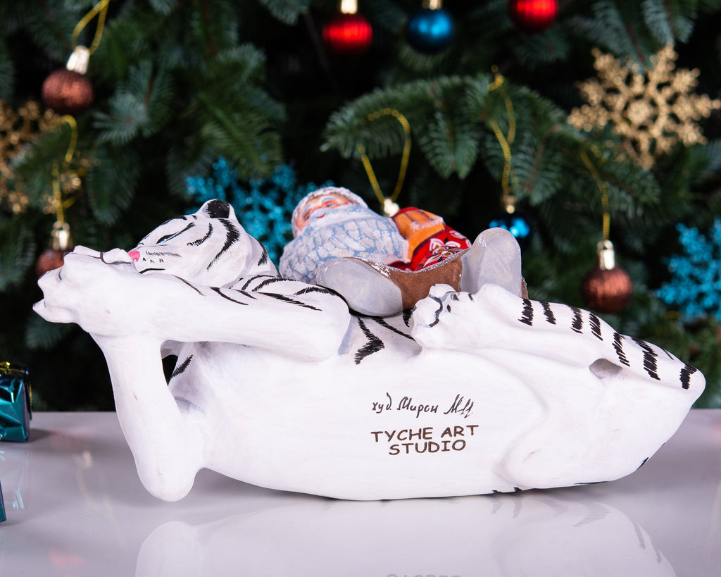 Hand carved wooden Santa riding white tiger figurine, unique Christmas home decor