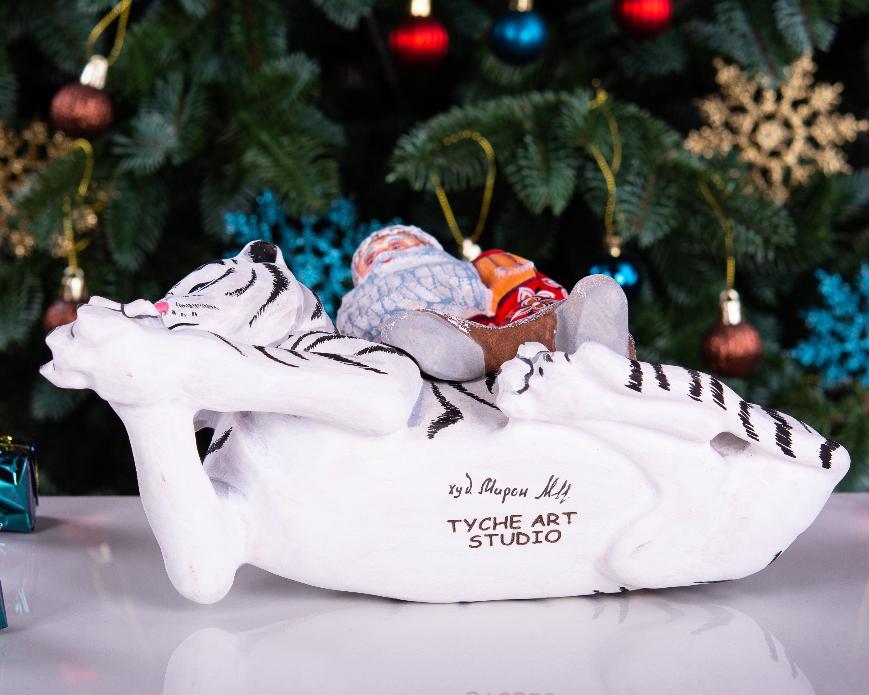 Hand carved wooden Santa riding white tiger figurine, unique Christmas home decor
