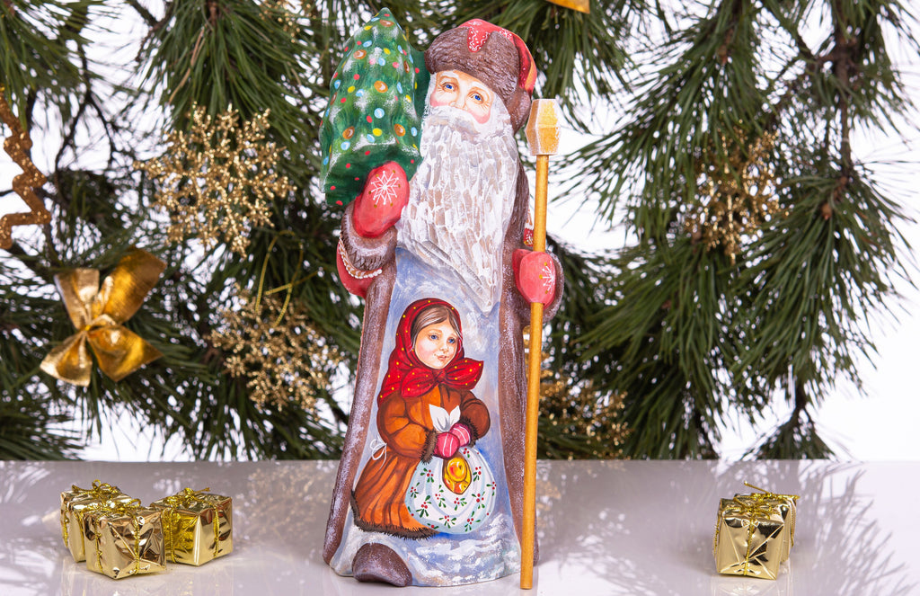 Old world Santa wooden figurine 10 inch, girl with gifts, rustic Christmas home accent