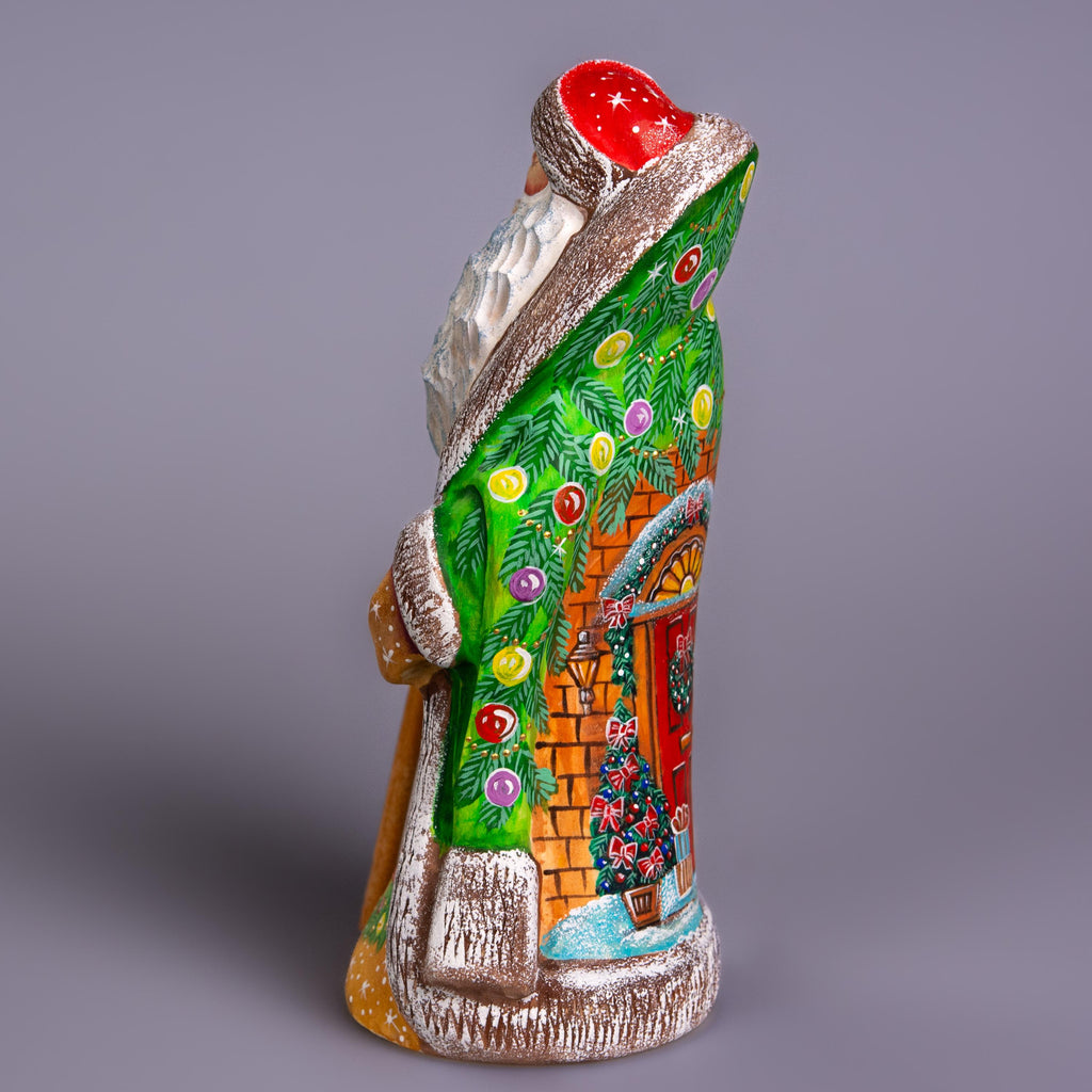 Hand Carved Wooden Santa Figurine: Green Coat, Christmas Holiday Door Scene
