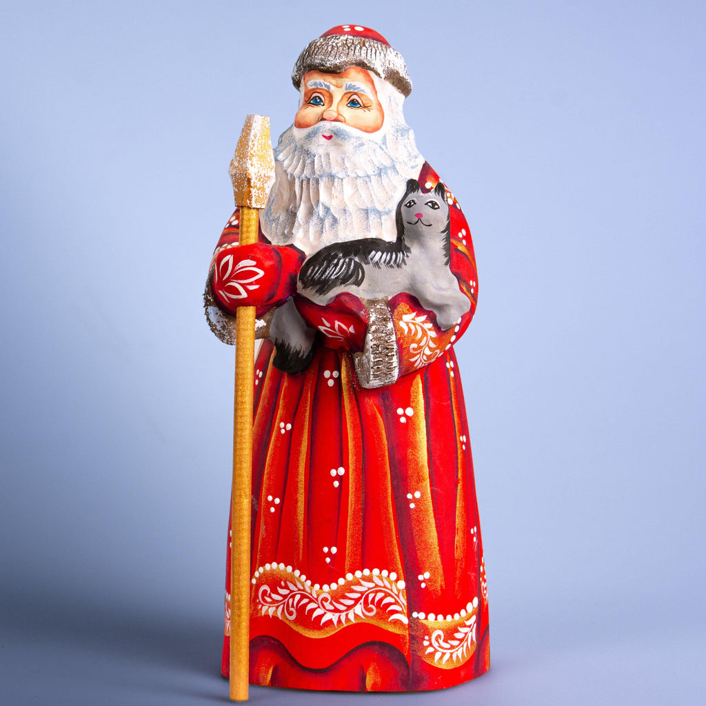 Wooden Santa figurine 9", hand carved Cat lover Accent for Mantel