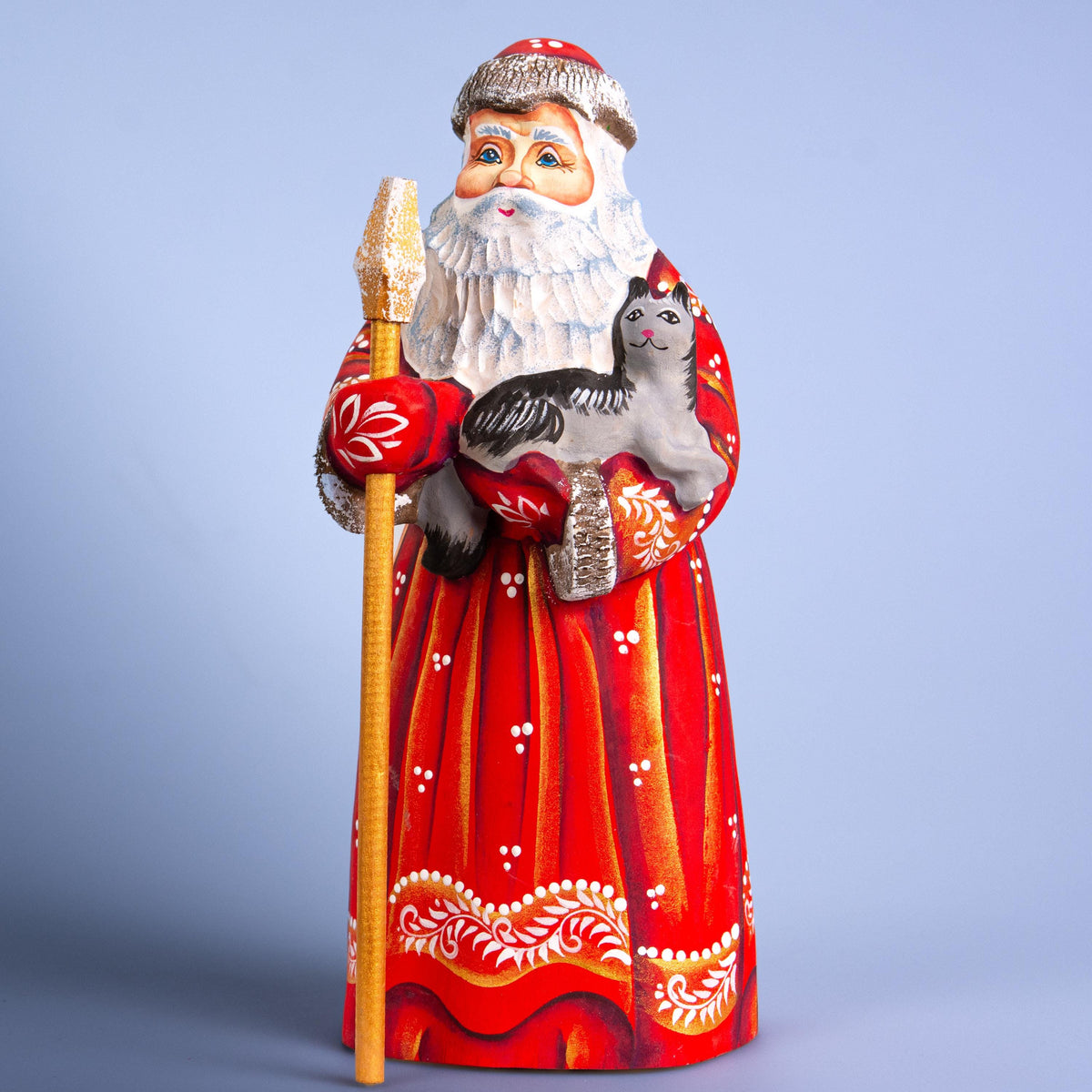 Wooden Santa figurine 9", hand carved Cat lover Accent for Mantel
