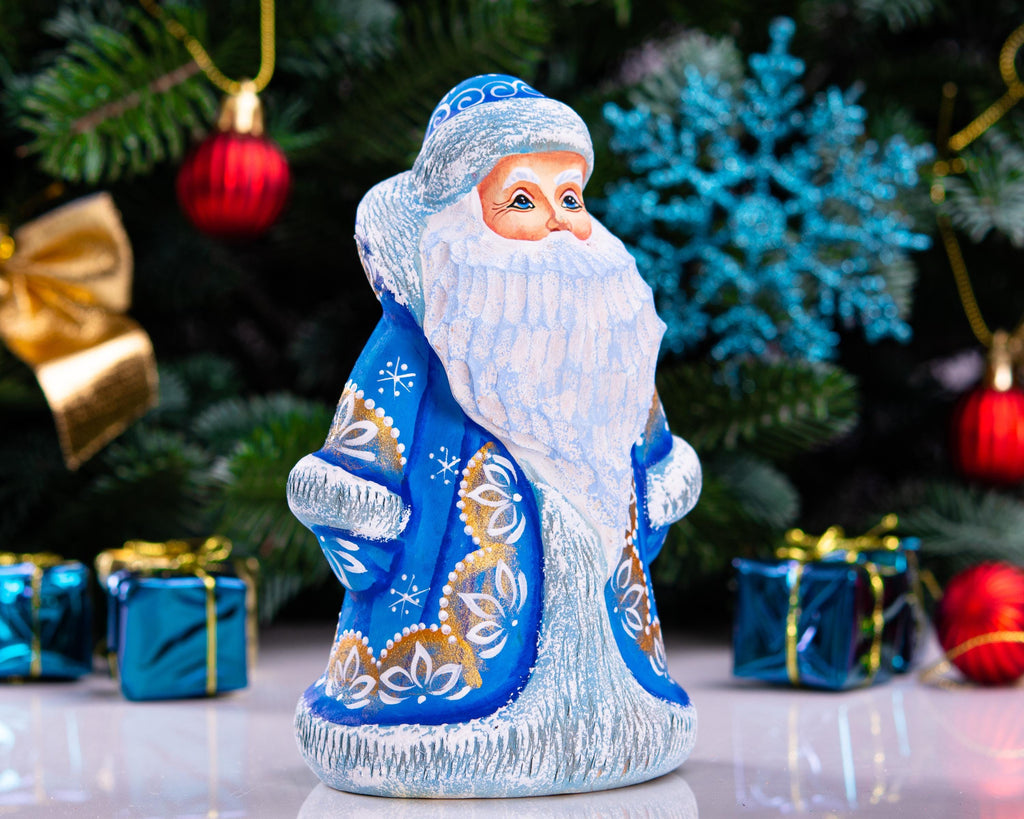 Father Frost Figurine Hand Carved Wood Long Blue Robe 6″