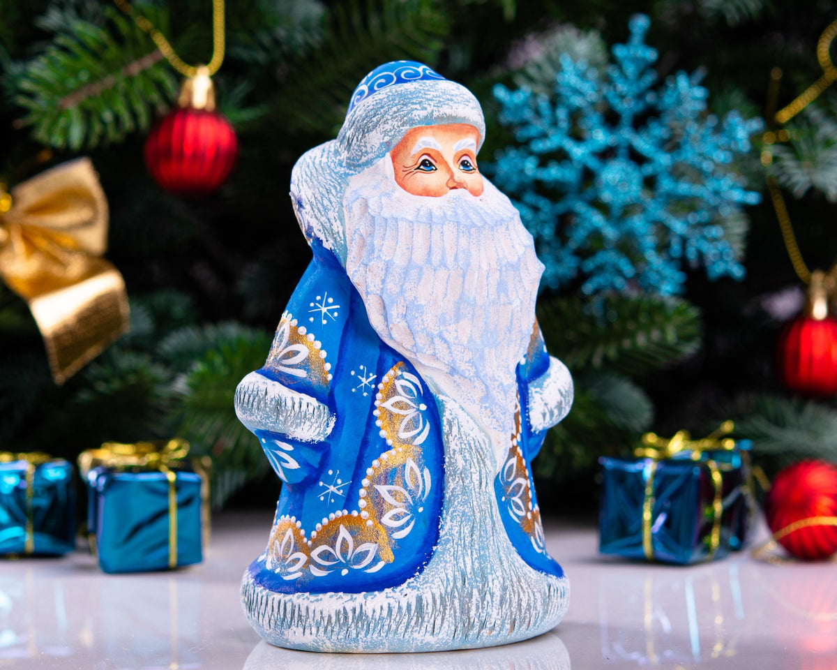Father Frost Figurine Hand Carved Wood Long Blue Robe 6″