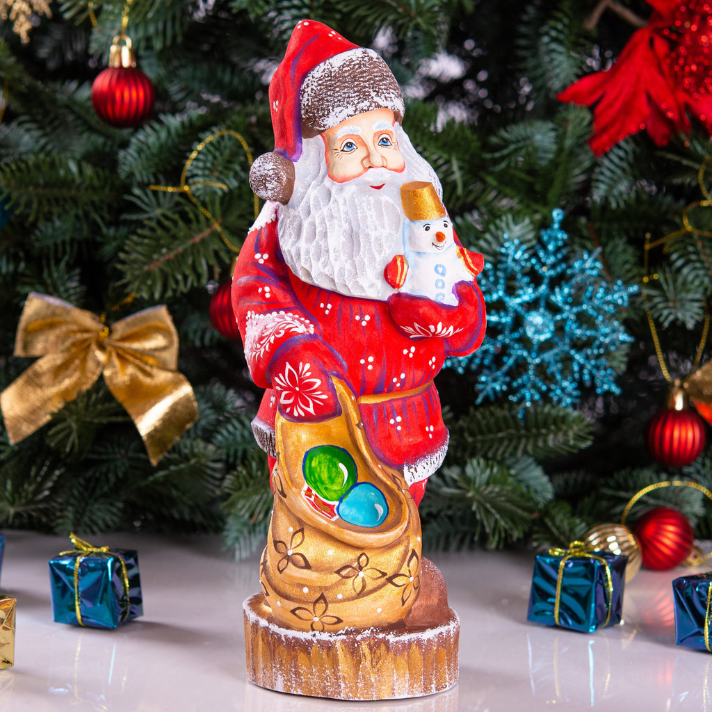 Old World Santa figurine 9.5 inch, carved wood, snowman figure, tabletop centerpiece decor
