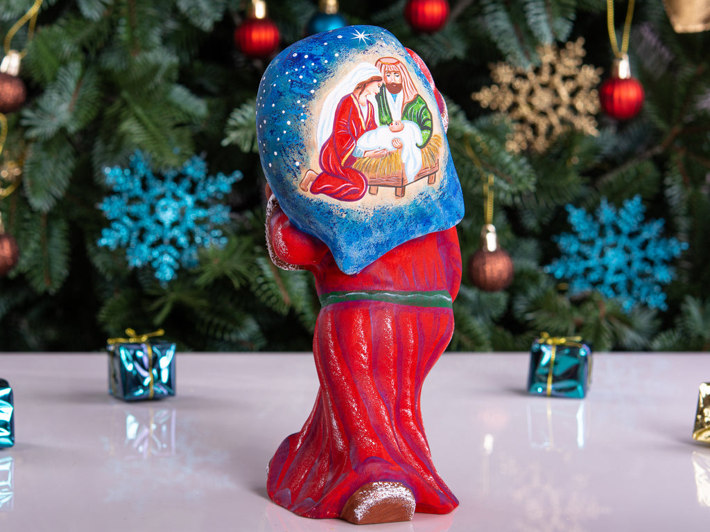 Hand carved Santa wood figurine 8 inch, Holy Family painting, tabletop Christmas decor
