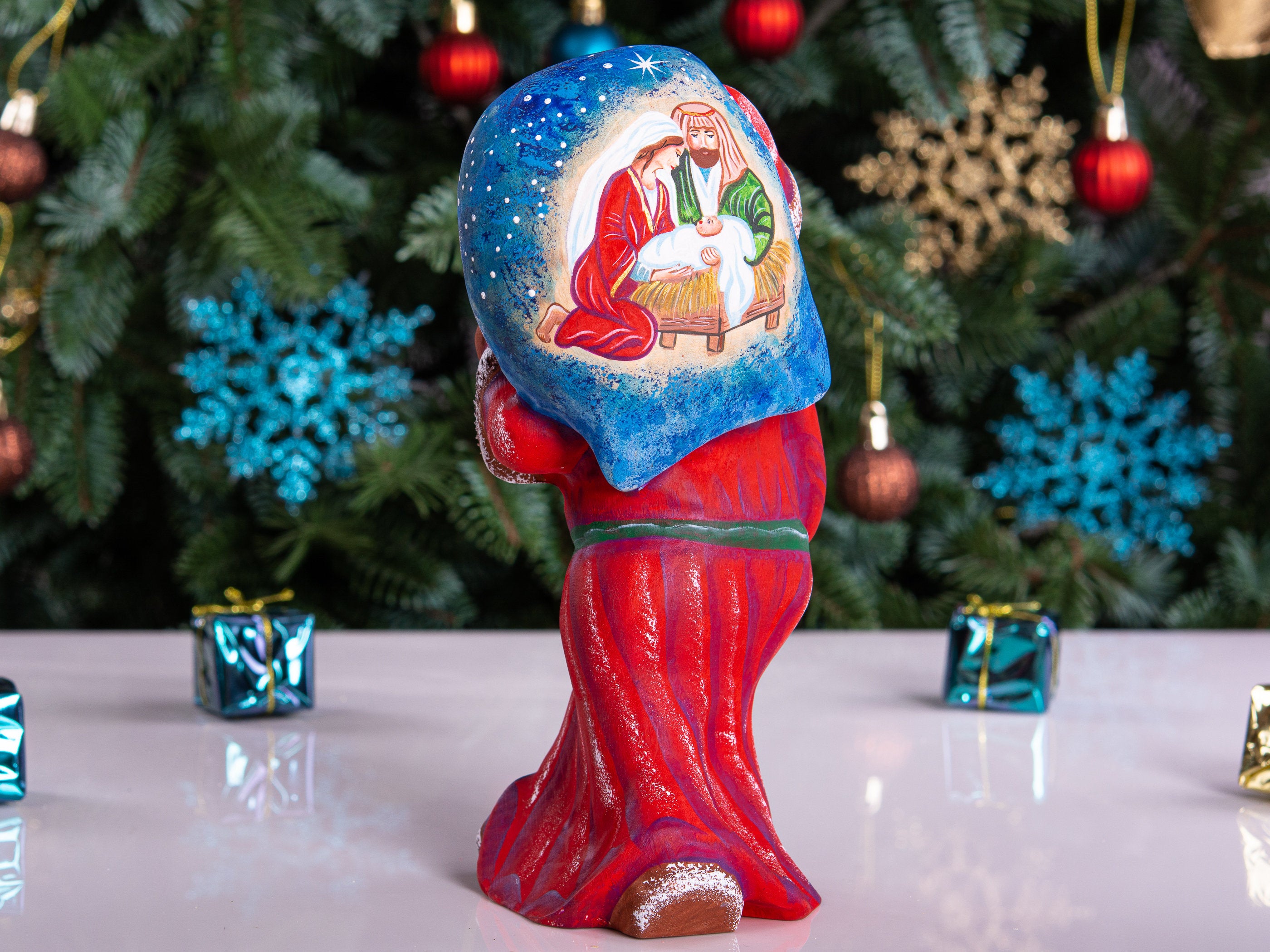 Hand carved Santa wood figurine 8 inch, Holy Family painting, tabletop Christmas decor