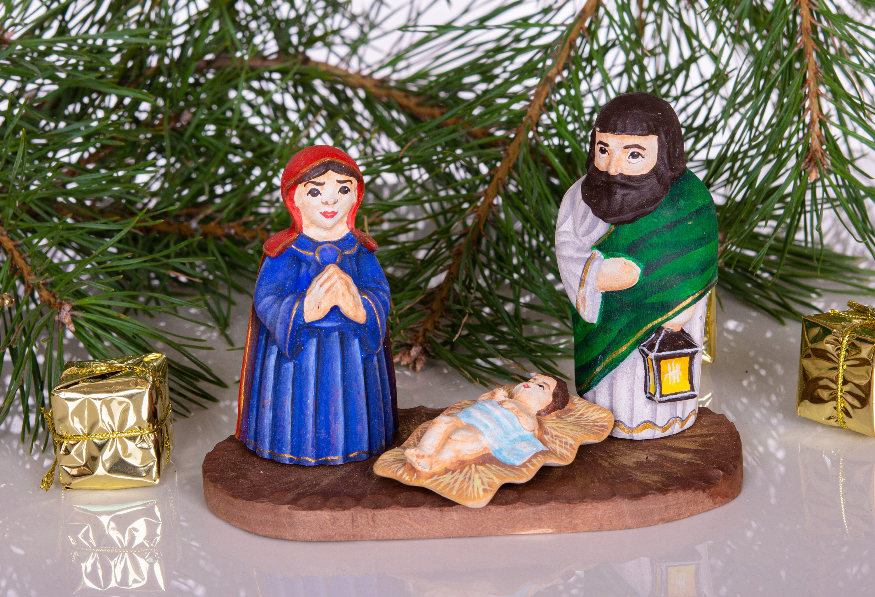 Hand Carved Wooden Nativity Set 4", Holy Family on Board
