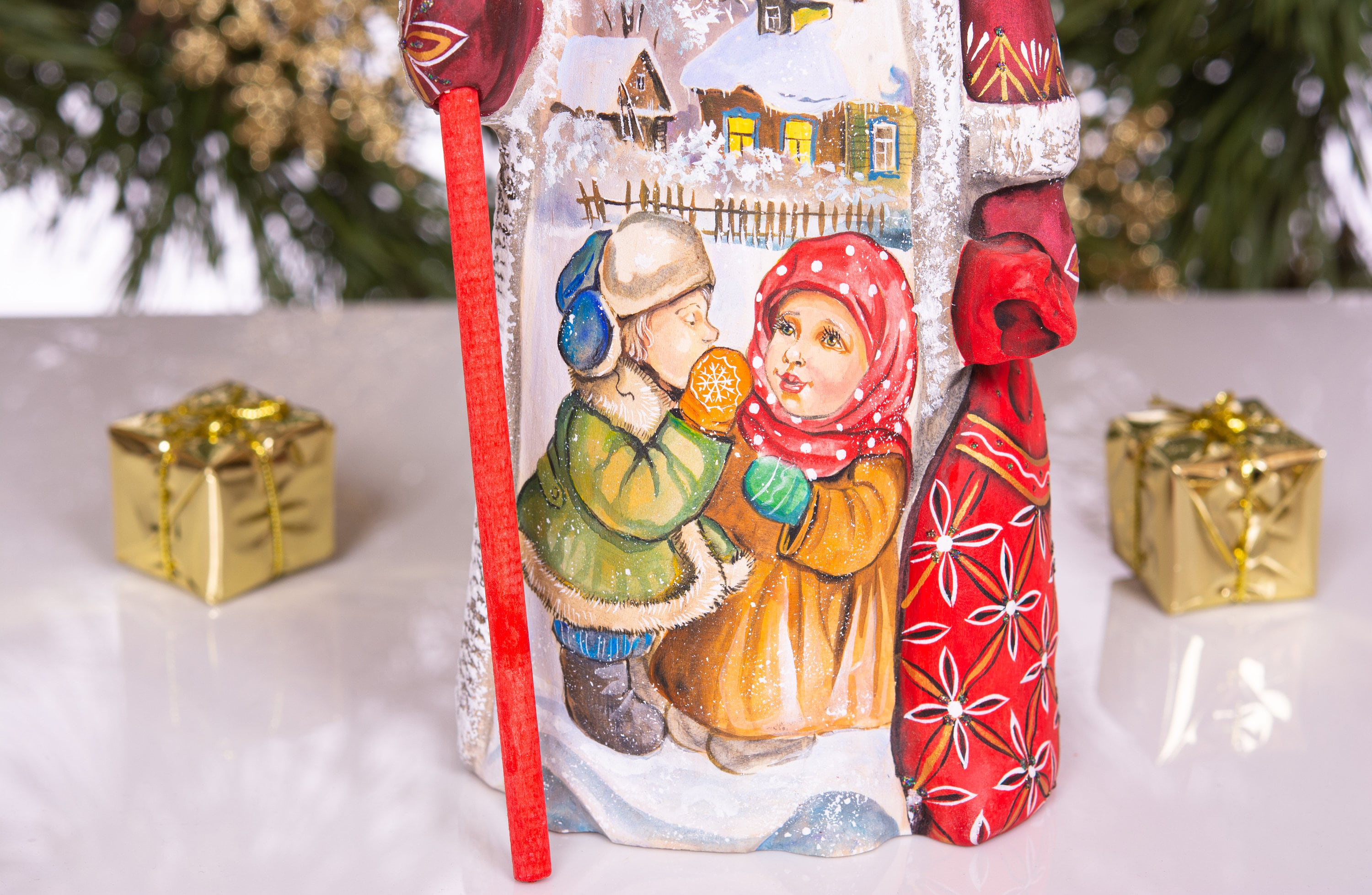 Kris Kringle hand carved wooden figurine 9 inch, gift sack & staff, Christmas home accent