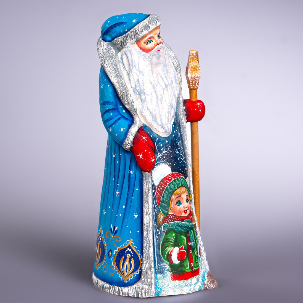 Hand carved wooden Santa figurine 9 inch, with child, shelf decor