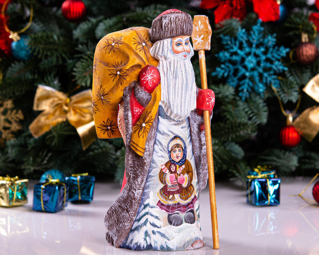 Old-World Santa wooden figurine 9.4 inch, child with doll painting, Christmas mantel decor