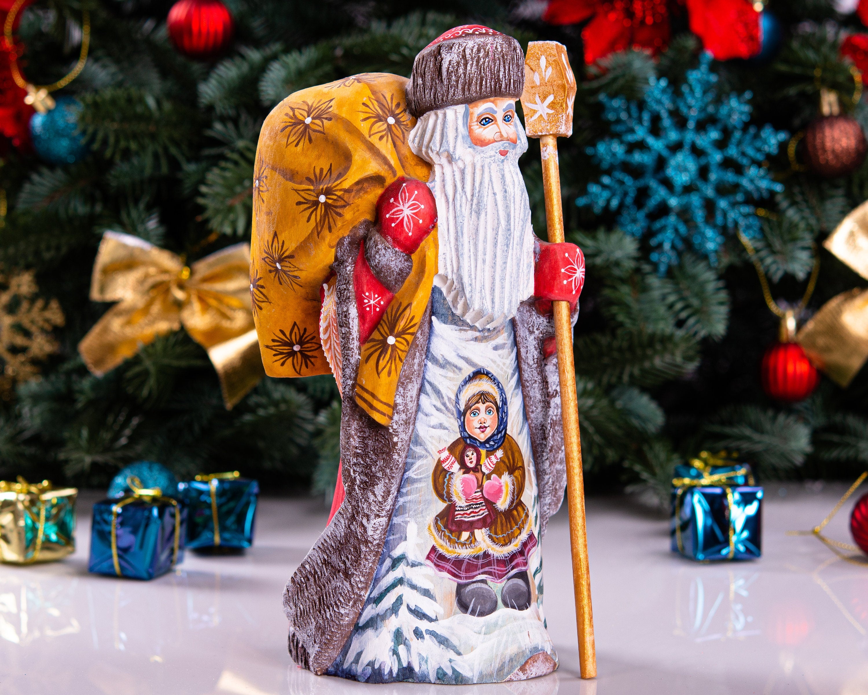 Old-World Santa wooden figurine 9.4 inch, child with doll painting, Christmas mantel decor